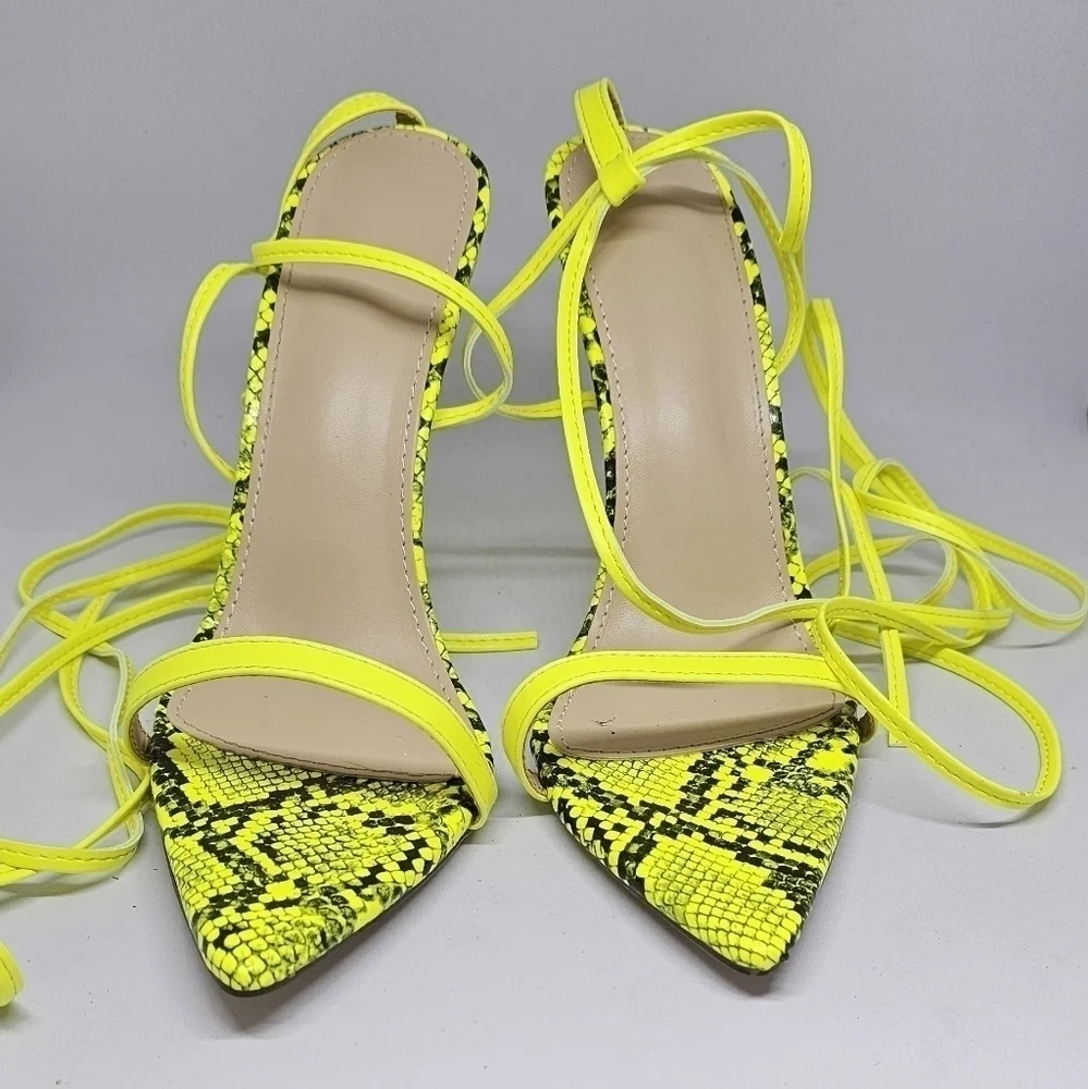 Women's Yellow Snake Print Stiletto 4' Heels Sandals